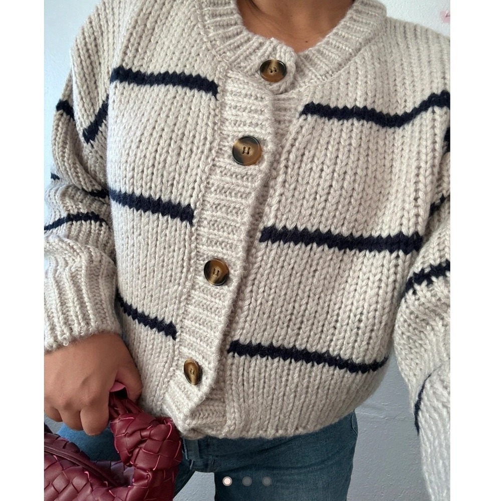 Dress Forum Womens Beige Navy Striped Chunky Knit Cardigan Sweater M